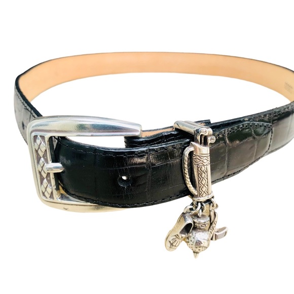 Brighton black textured leather golf belt with 3 charms and reptile skin Sz S/28 - Picture 8 of 16